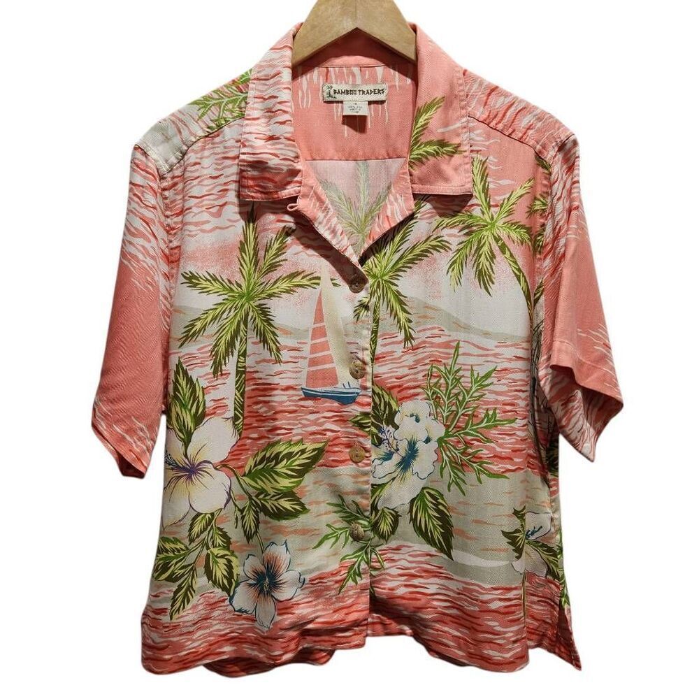 Bamboo Traders silk Hawaiian shirt button front crop size 14